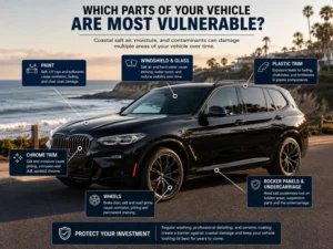 Vehicle showing paint, wheels, chrome and trim exposed to coastal damage