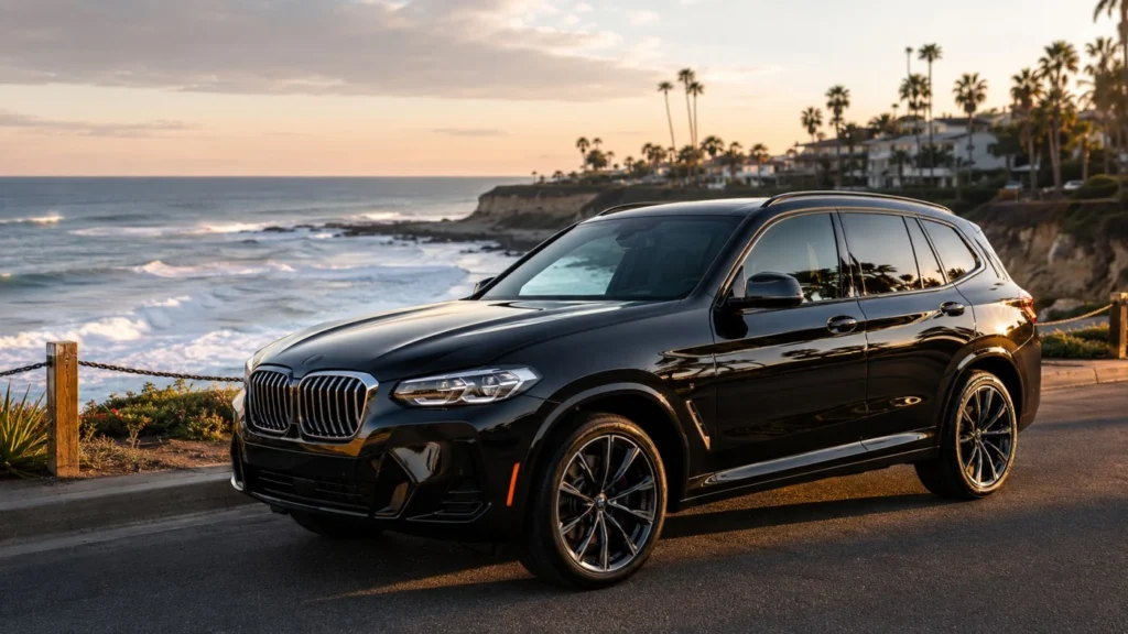 Luxury vehicle parked near the Carlsbad coastline exposed to coastal salt air.