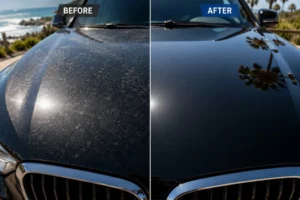Water spots and paint oxidation on a black vehicle.